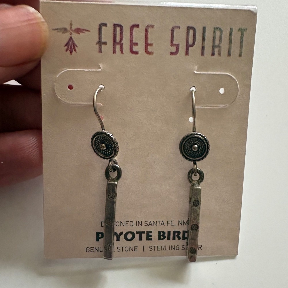 Peyote Bird Free Spirit Sterling Silver Stamped Bar Drop Earrings Santa Fe NWT
